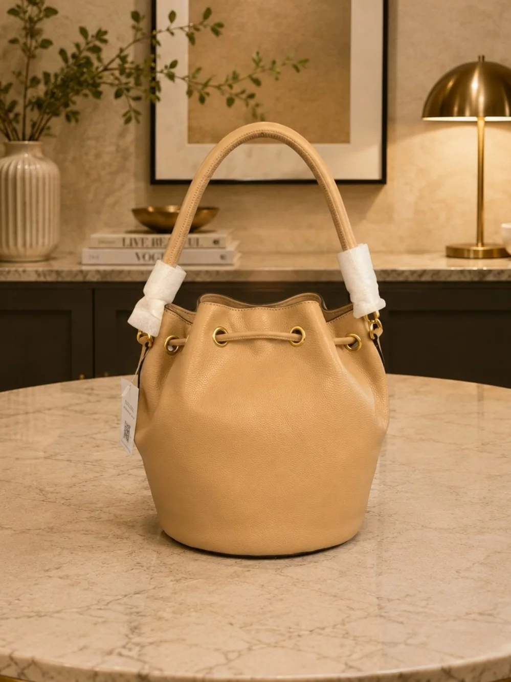 Brand New - Tan 'THE BUCKET' Drawstring Bag with Matching Wallet